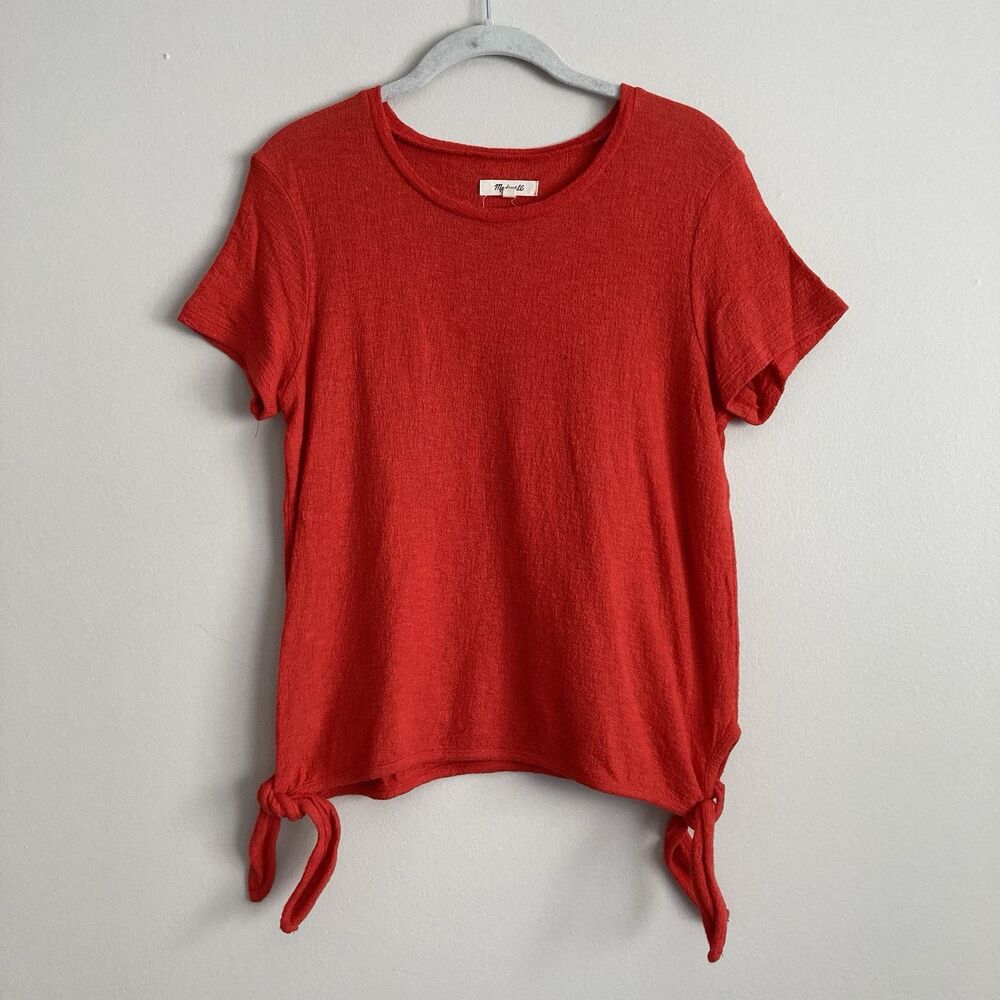 Madewell Womens Side-Tie Top Size XS Red Short Sleeve Textured Cotton Tee